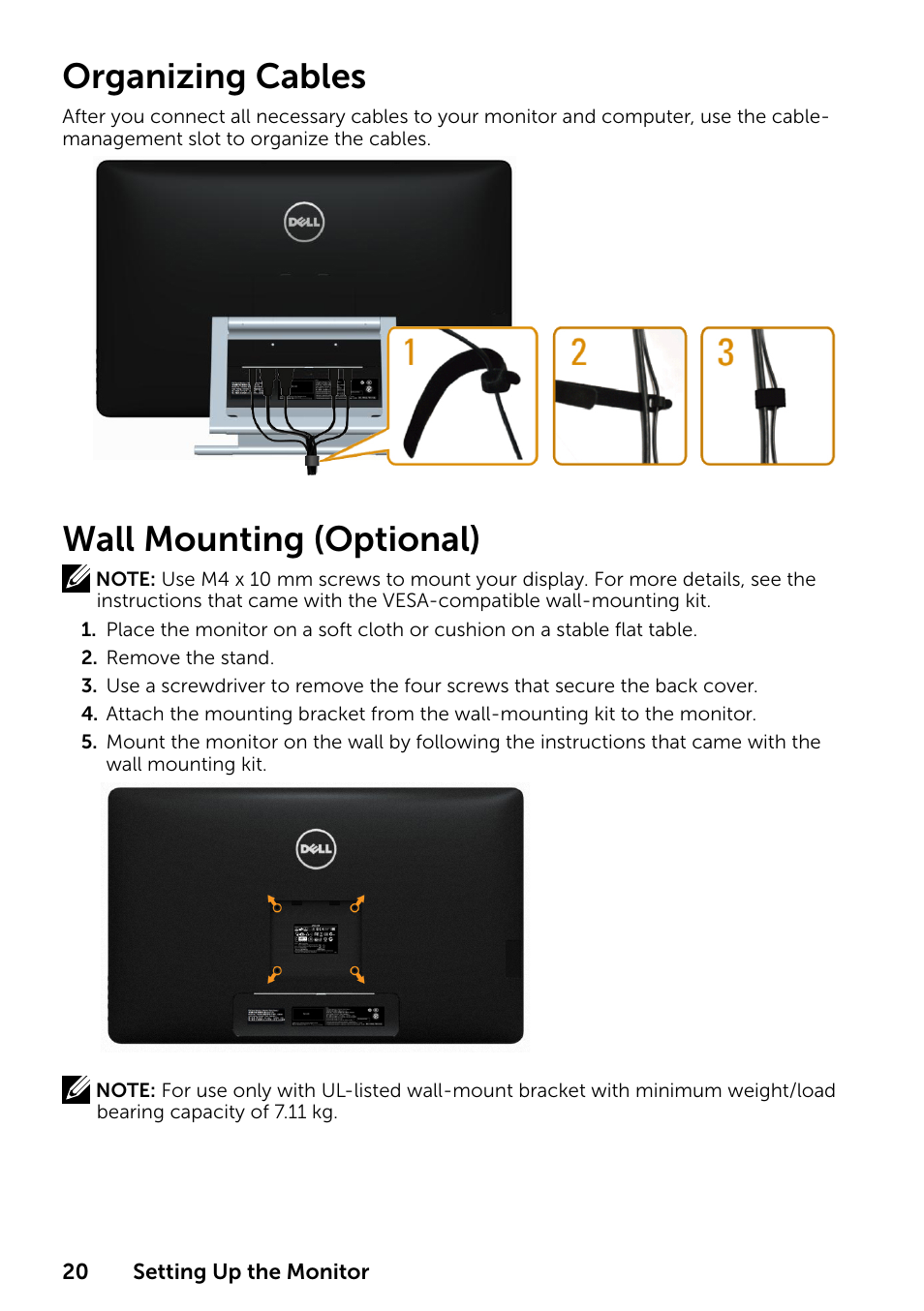 Organizing cables, Wall mounting (optional) | Dell P2314T Multi Touch Monitor with LED User Manual | Page 20 / 52