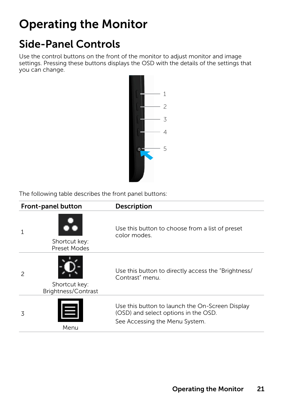 Operating the monitor, Side‑panel controls, Side-panel controls | Dell P2314T Multi Touch Monitor with LED User Manual | Page 21 / 52