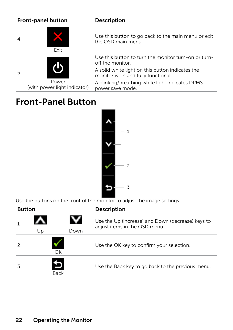 Front‑panel button, Front-panel button | Dell P2314T Multi Touch Monitor with LED User Manual | Page 22 / 52