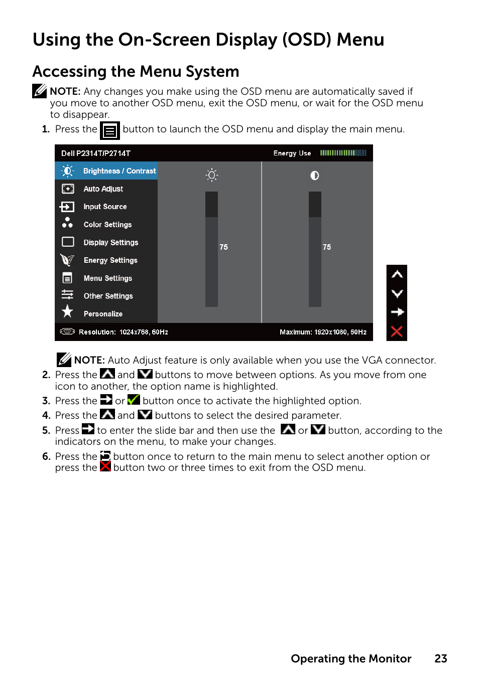 Using the on-screen display (osd) menu, Accessing the menu system | Dell P2314T Multi Touch Monitor with LED User Manual | Page 23 / 52