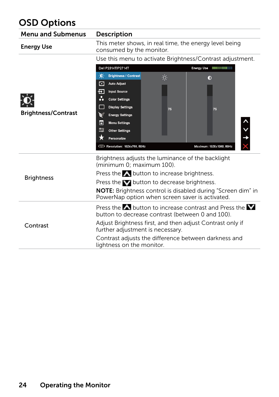 Osd options | Dell P2314T Multi Touch Monitor with LED User Manual | Page 24 / 52