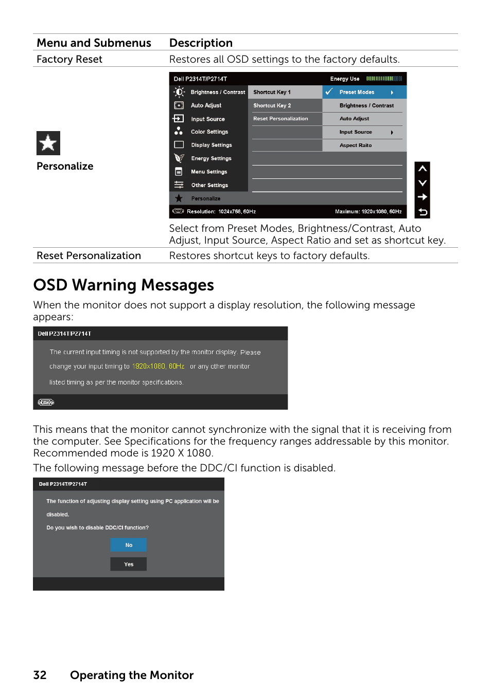 Osd warning messages | Dell P2314T Multi Touch Monitor with LED User Manual | Page 32 / 52