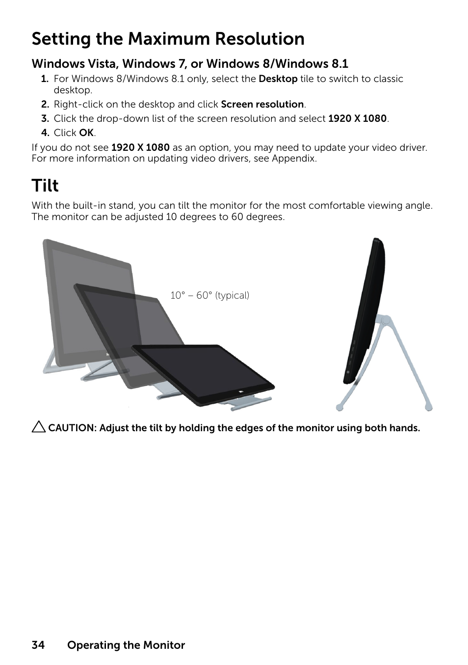 Setting the maximum resolution, Tilt | Dell P2314T Multi Touch Monitor with LED User Manual | Page 34 / 52