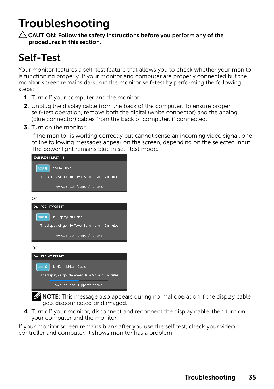 Troubleshooting, Self-test | Dell P2314T Multi Touch Monitor with LED User Manual | Page 35 / 52
