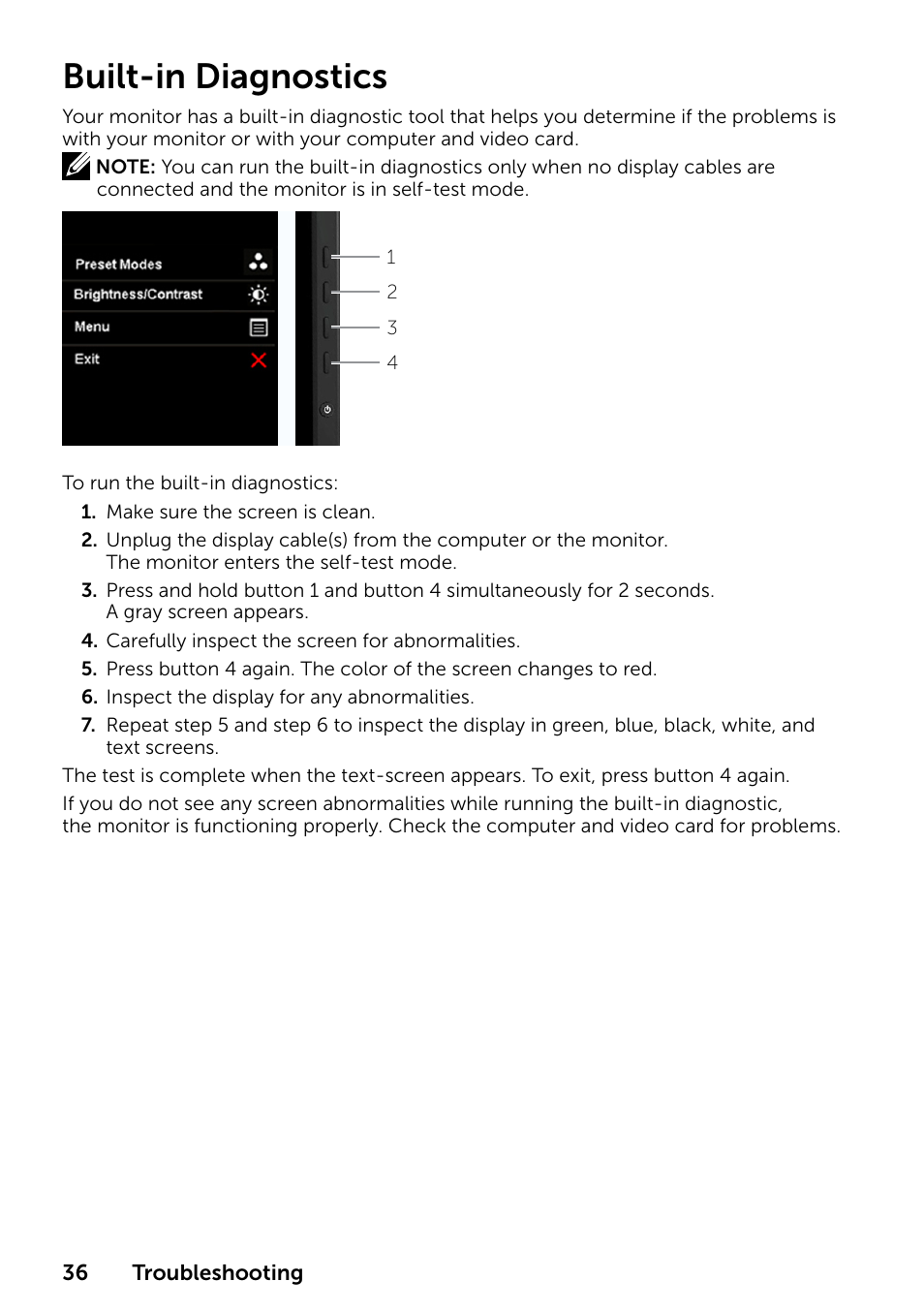 Built-in diagnostics | Dell P2314T Multi Touch Monitor with LED User Manual | Page 36 / 52