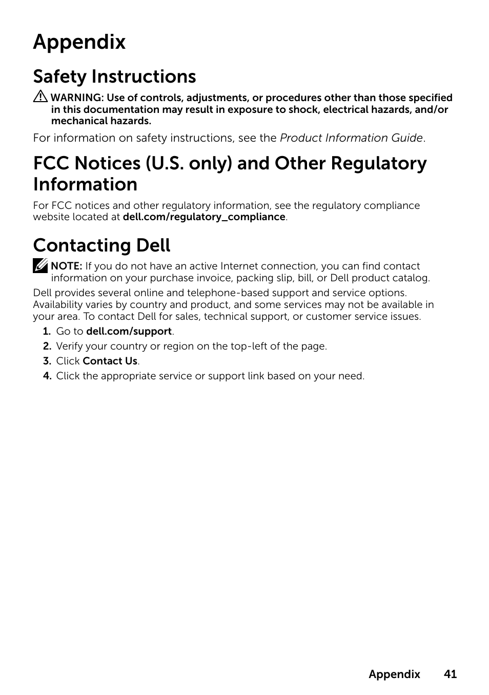 Appendix, Safety instructions, Contacting dell | Dell P2314T Multi Touch Monitor with LED User Manual | Page 41 / 52