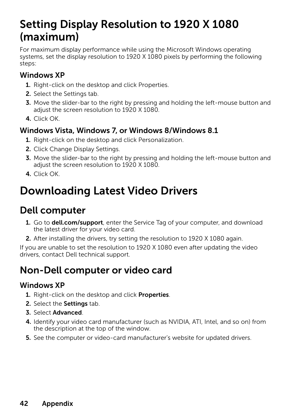 Downloading latest video drivers, Dell computer, Non-dell computer or video card | Dell P2314T Multi Touch Monitor with LED User Manual | Page 42 / 52