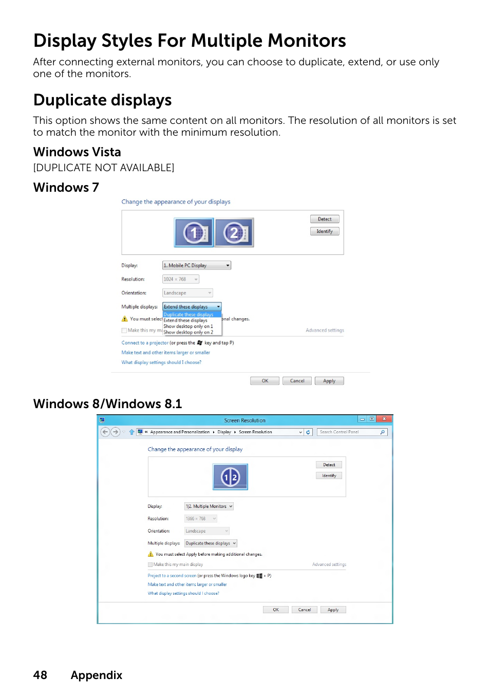 Display styles for multiple monitors, Duplicate displays | Dell P2314T Multi Touch Monitor with LED User Manual | Page 48 / 52