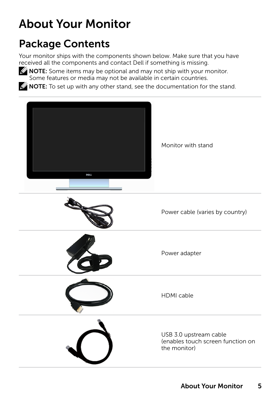 About your monitor, Package contents | Dell P2314T Multi Touch Monitor with LED User Manual | Page 5 / 52