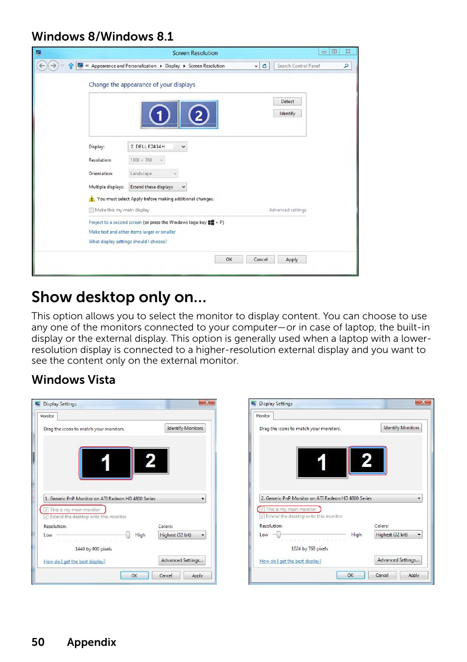 Show desktop only on | Dell P2314T Multi Touch Monitor with LED User Manual | Page 50 / 52