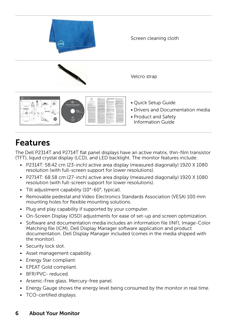 Features | Dell P2314T Multi Touch Monitor with LED User Manual | Page 6 / 52