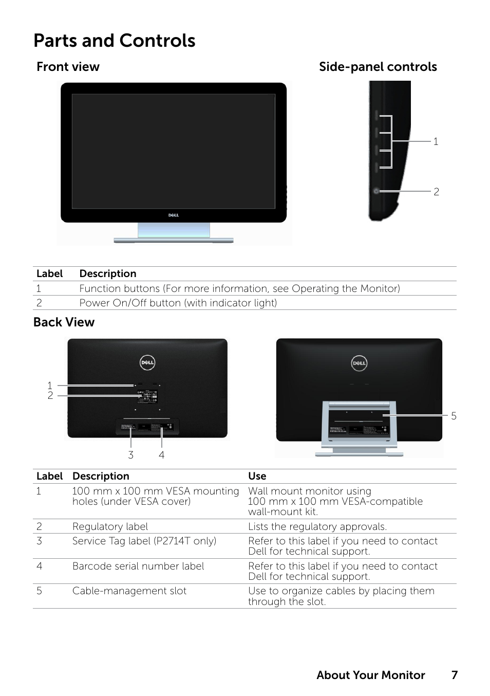 Parts and controls | Dell P2314T Multi Touch Monitor with LED User Manual | Page 7 / 52