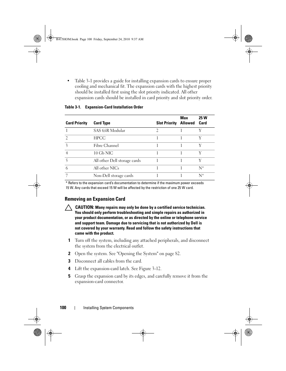 Removing an expansion card | Dell PowerEdge R415 User Manual | Page 100 / 188
