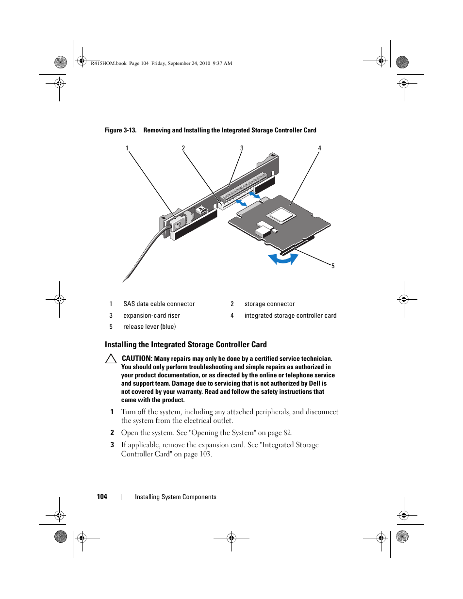Installing the integrated storage controller card | Dell PowerEdge R415 User Manual | Page 104 / 188