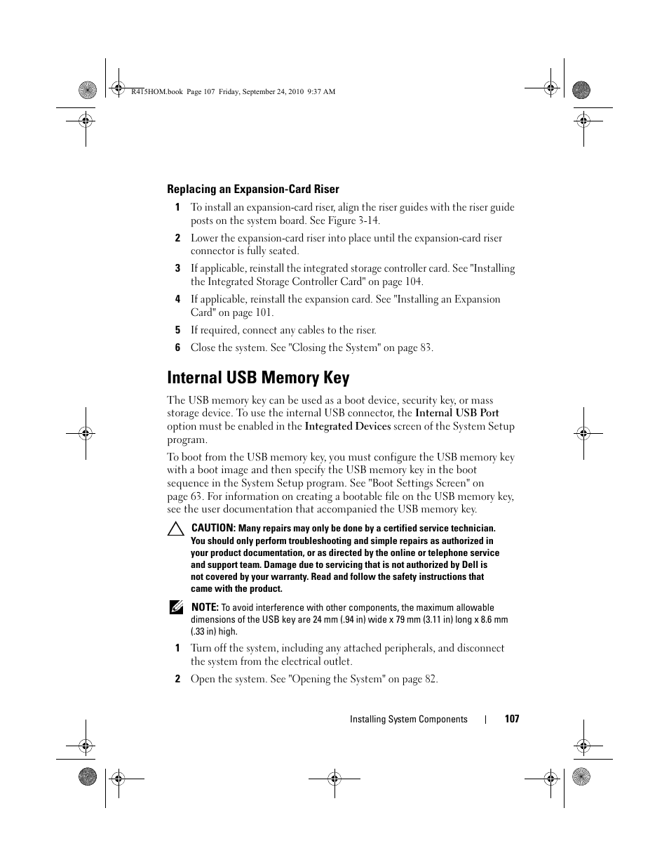 Replacing an expansion-card riser, Internal usb memory key | Dell PowerEdge R415 User Manual | Page 107 / 188