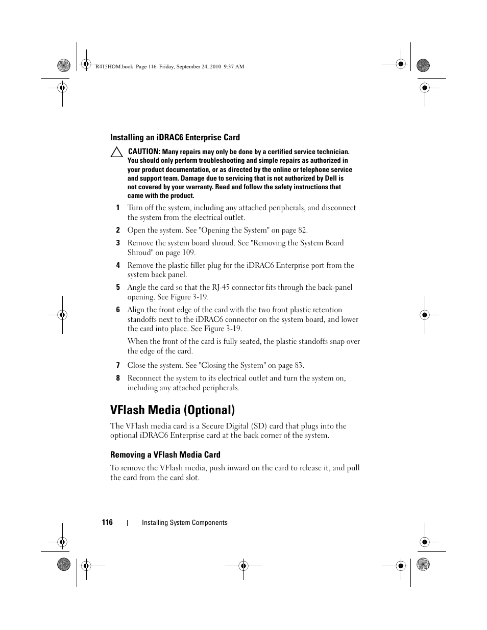 Installing an idrac6 enterprise card, Vflash media (optional), Removing a vflash media card | Dell PowerEdge R415 User Manual | Page 116 / 188