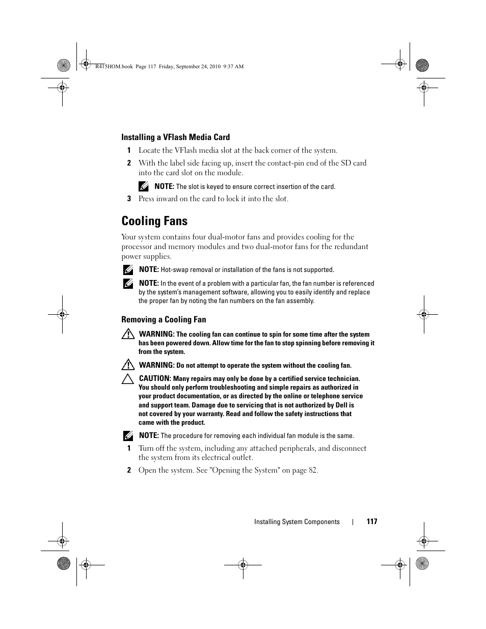 Installing a vflash media card, Cooling fans, Removing a cooling fan | Dell PowerEdge R415 User Manual | Page 117 / 188