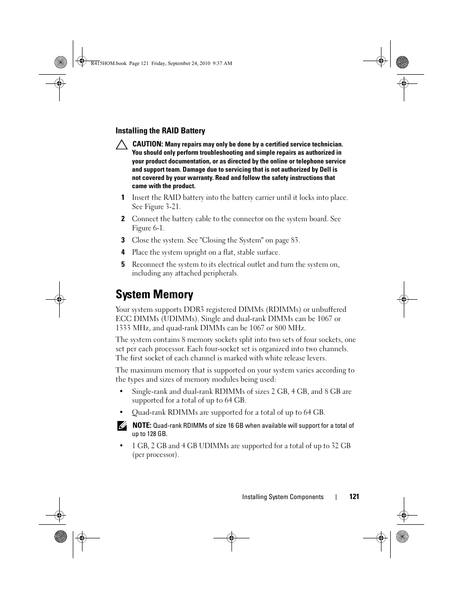Installing the raid battery, System memory, Installing the raid | Dell PowerEdge R415 User Manual | Page 121 / 188