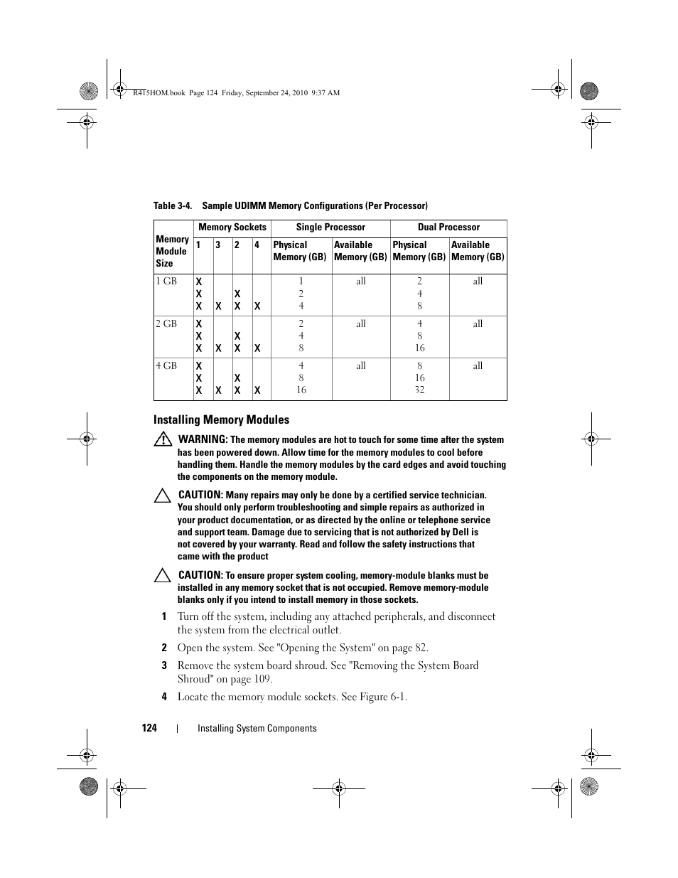 Installing memory modules, Installing memory | Dell PowerEdge R415 User Manual | Page 124 / 188