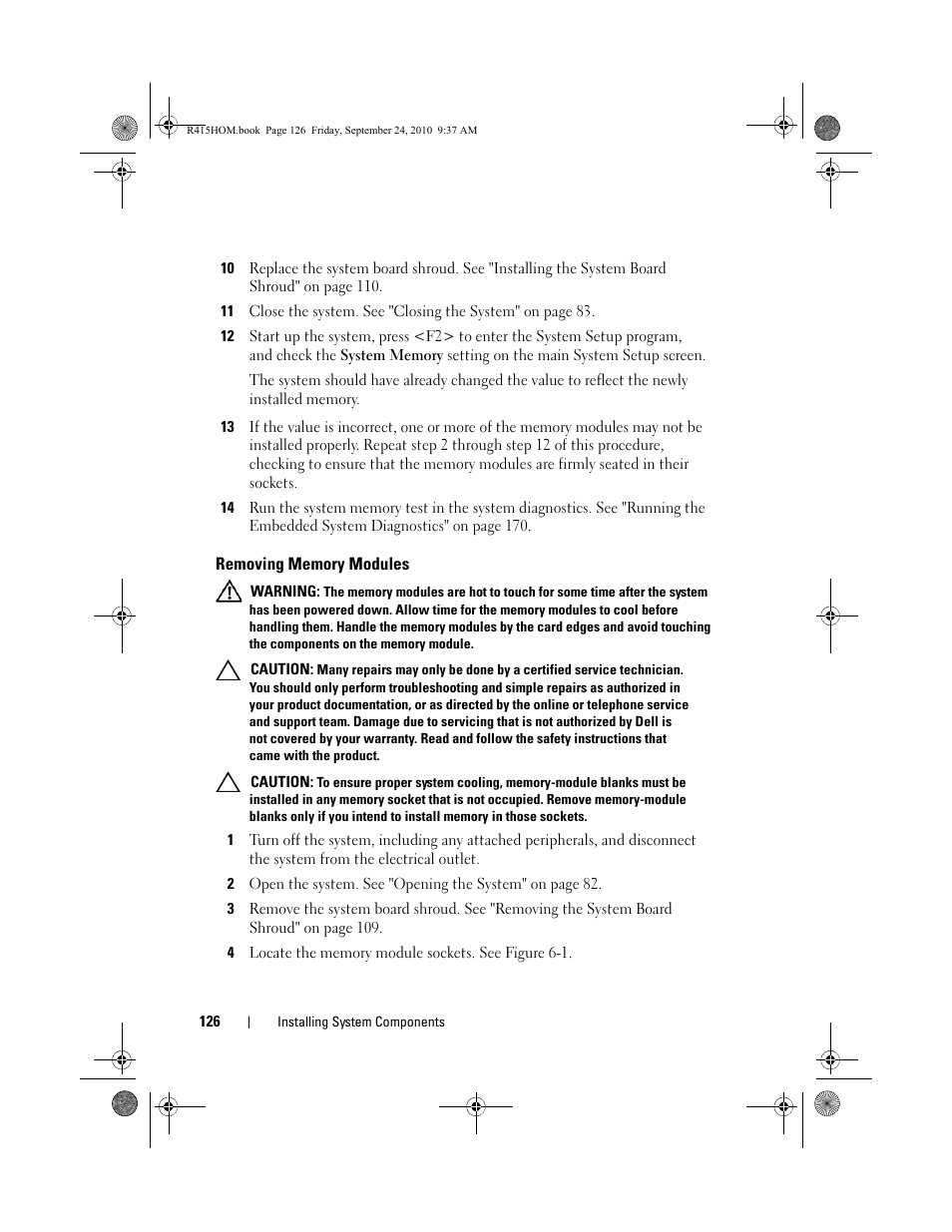 Removing memory modules | Dell PowerEdge R415 User Manual | Page 126 / 188