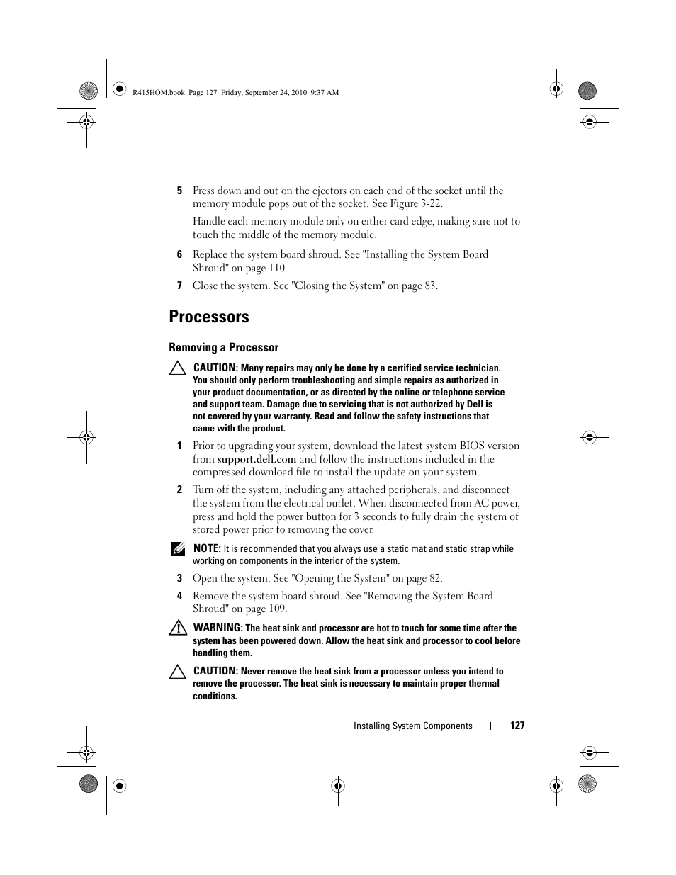 Processors, Removing a processor, D. see "processors" on | See "processors" on | Dell PowerEdge R415 User Manual | Page 127 / 188