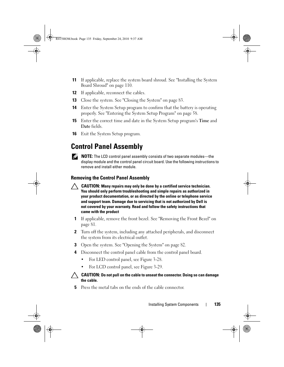 Control panel assembly, Removing the control panel assembly | Dell PowerEdge R415 User Manual | Page 135 / 188