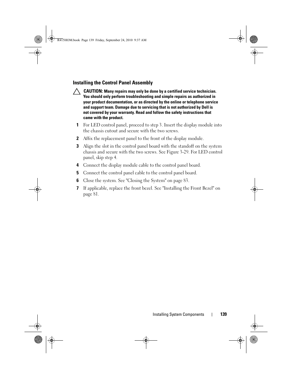 Installing the control panel assembly | Dell PowerEdge R415 User Manual | Page 139 / 188