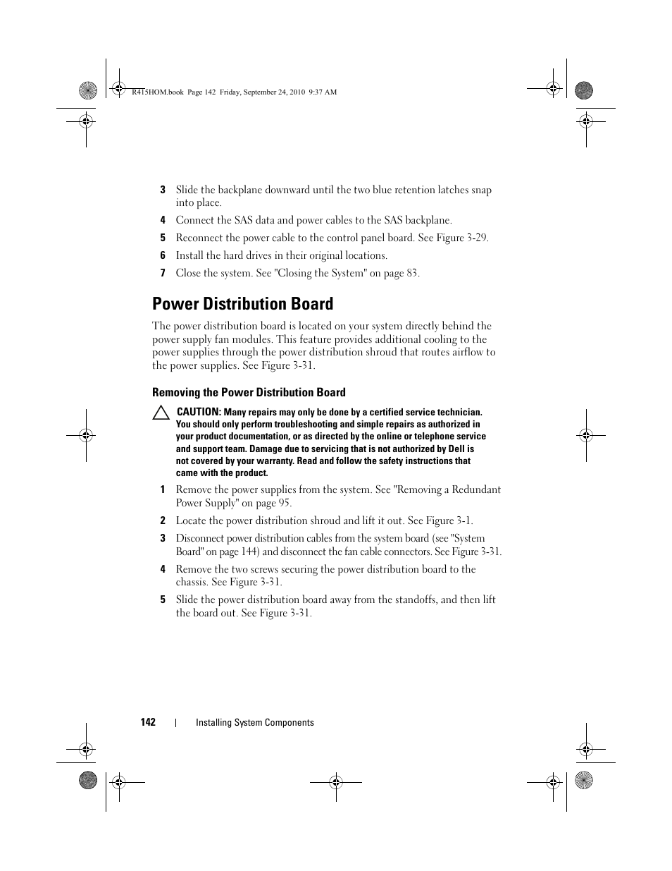 Power distribution board, Removing the power distribution board | Dell PowerEdge R415 User Manual | Page 142 / 188