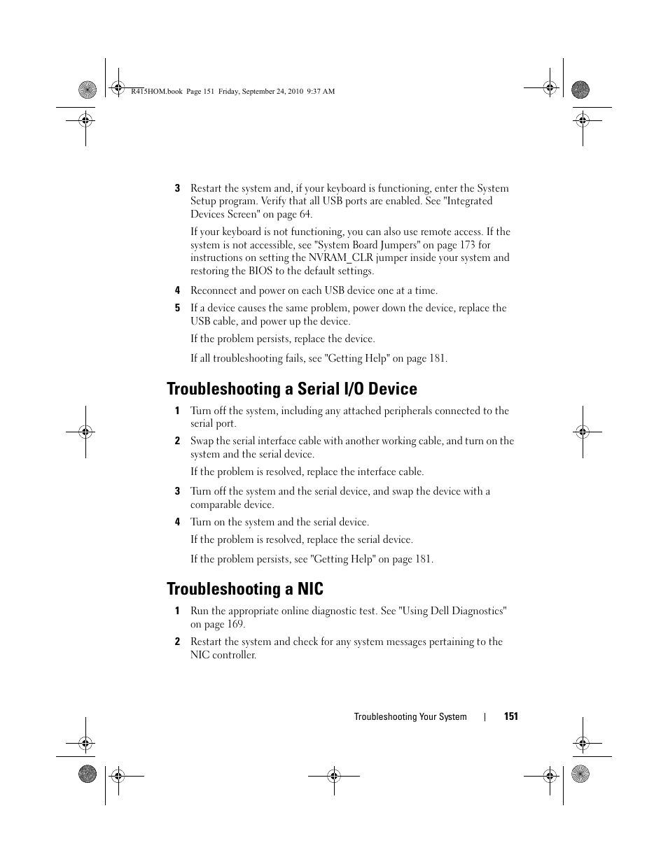 Troubleshooting a serial i/o device, Troubleshooting a nic, Troubleshooting a nic" on | Dell PowerEdge R415 User Manual | Page 151 / 188