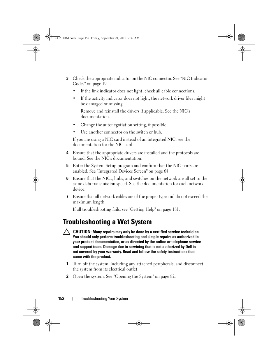 Troubleshooting a wet system | Dell PowerEdge R415 User Manual | Page 152 / 188
