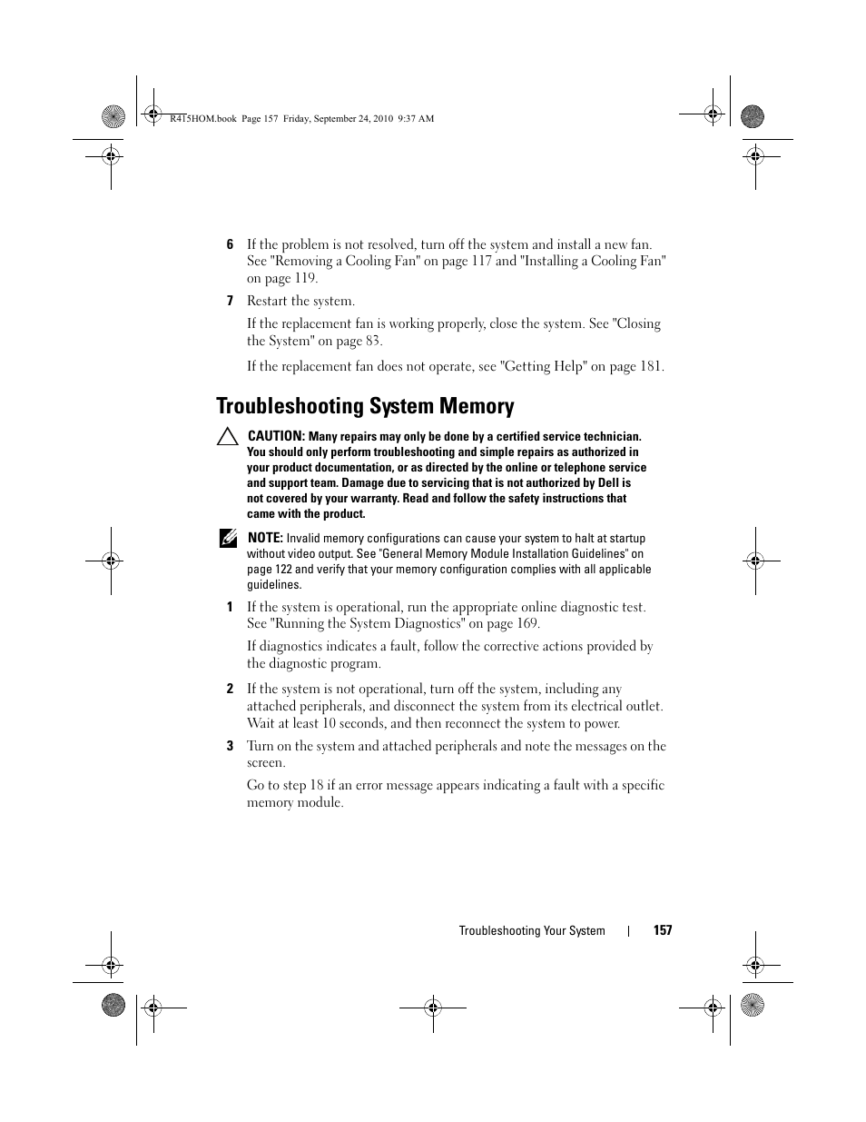 Troubleshooting system memory, See "troubleshooting system, E "troubleshooting system | Troubleshooting system, See "troubleshooting, System memory" on, E "troubleshooting, Troubleshooting, In "troubleshooting | Dell PowerEdge R415 User Manual | Page 157 / 188