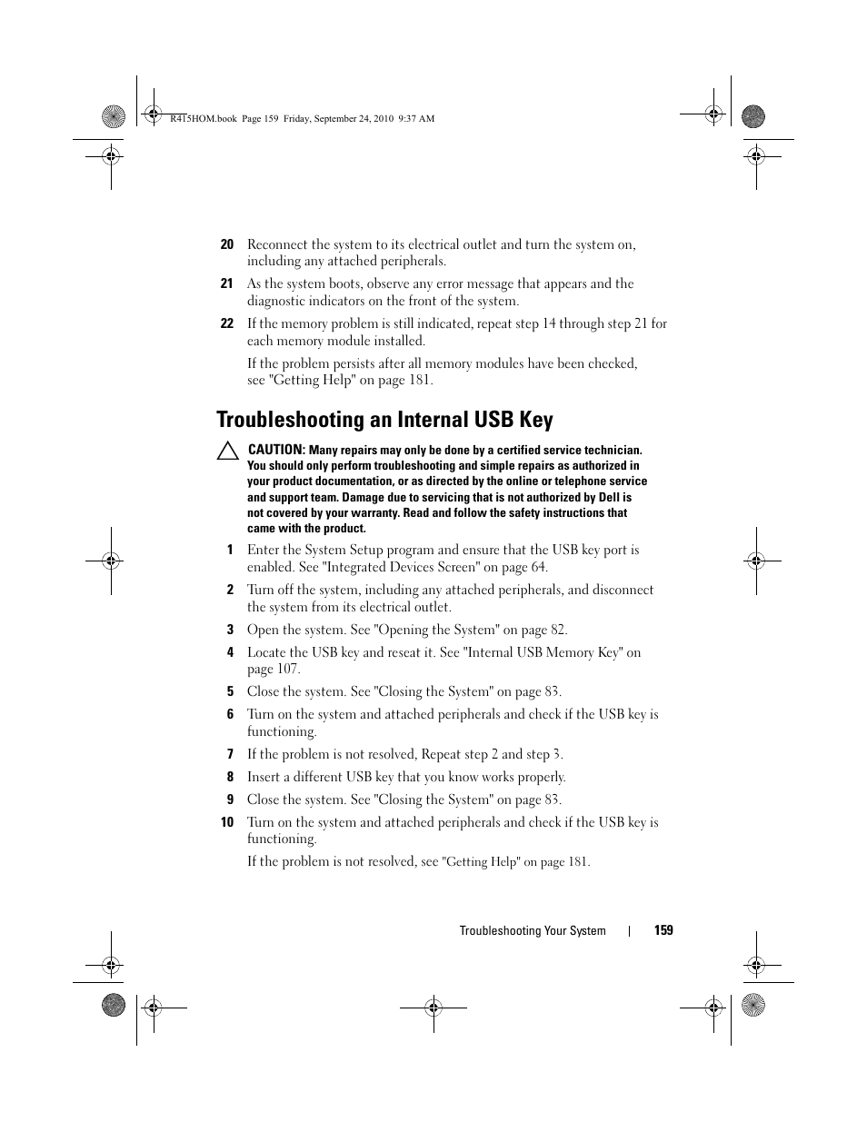 Troubleshooting an internal usb key, Troubleshooting an, Internal usb key" on | Dell PowerEdge R415 User Manual | Page 159 / 188