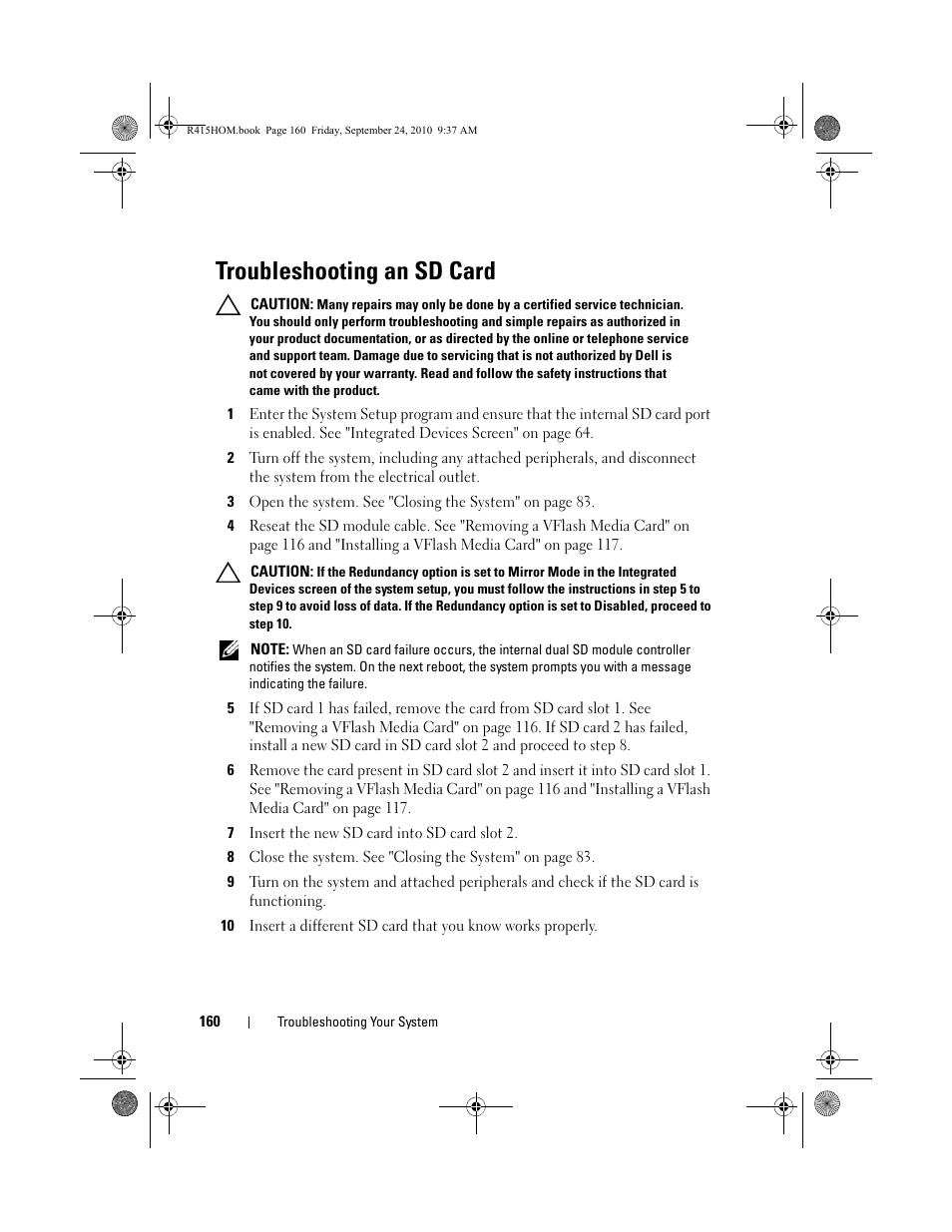Troubleshooting an sd card | Dell PowerEdge R415 User Manual | Page 160 / 188