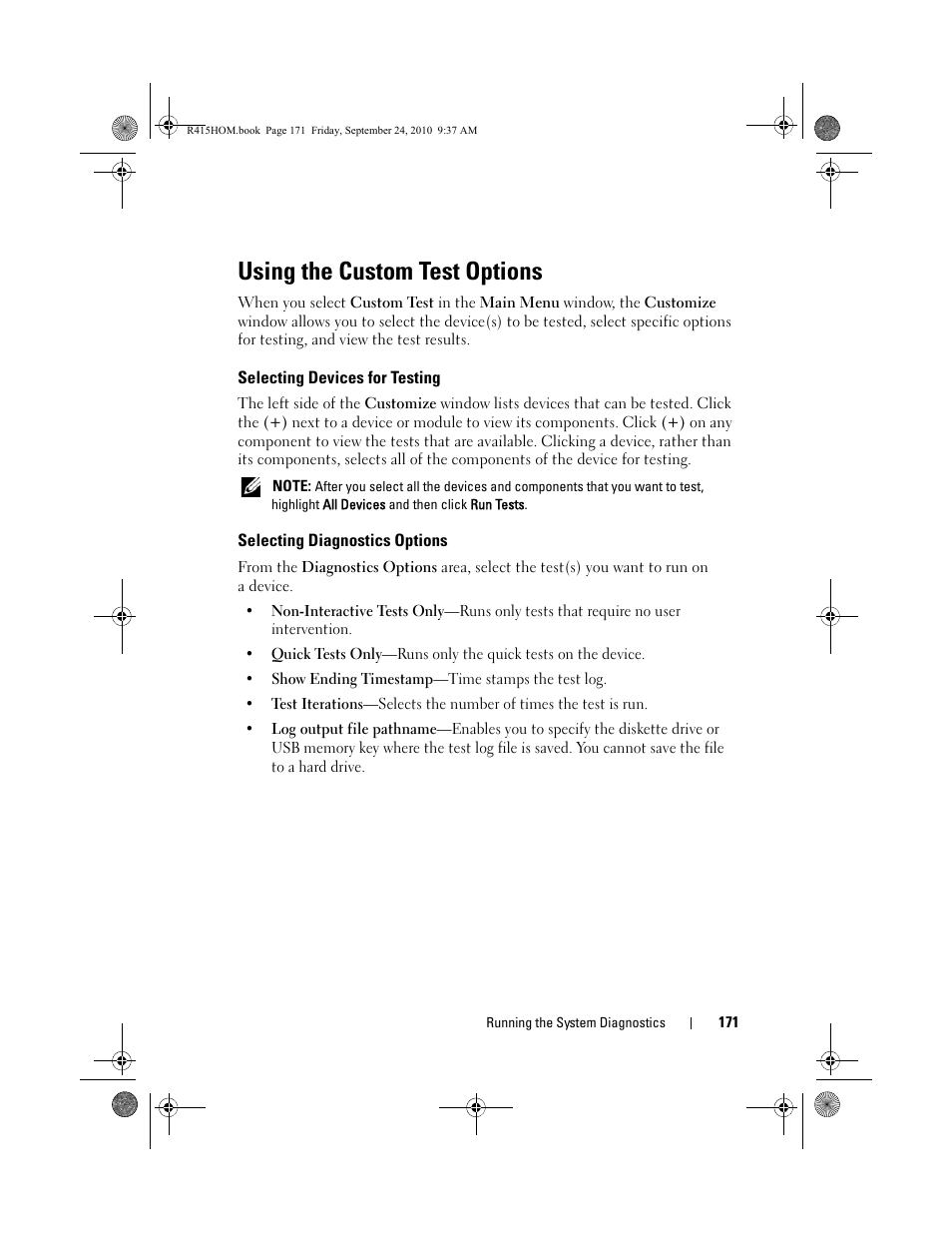 Using the custom test options, Selecting devices for testing, Selecting diagnostics options | Dell PowerEdge R415 User Manual | Page 171 / 188