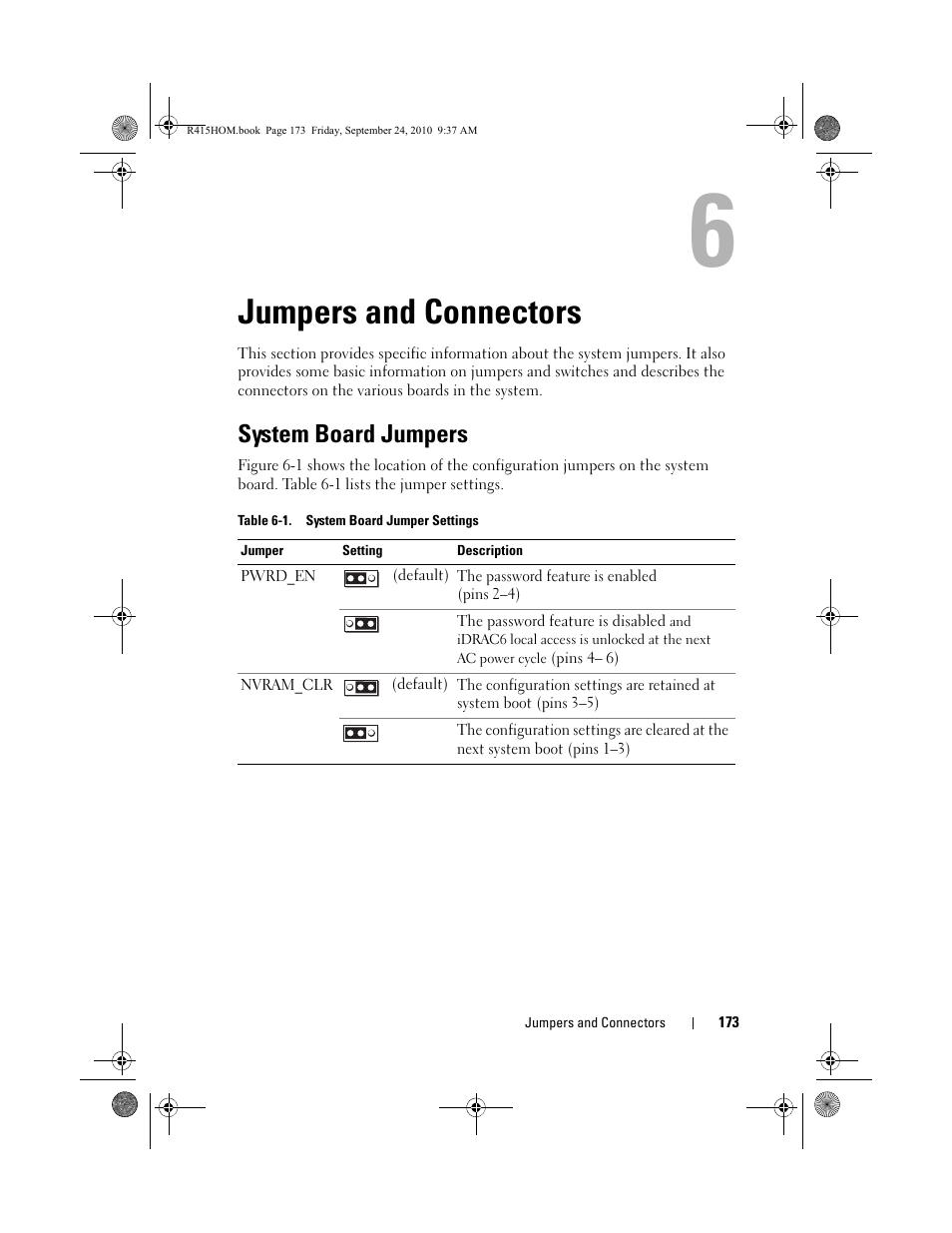 Jumpers and connectors, System board jumpers | Dell PowerEdge R415 User Manual | Page 173 / 188