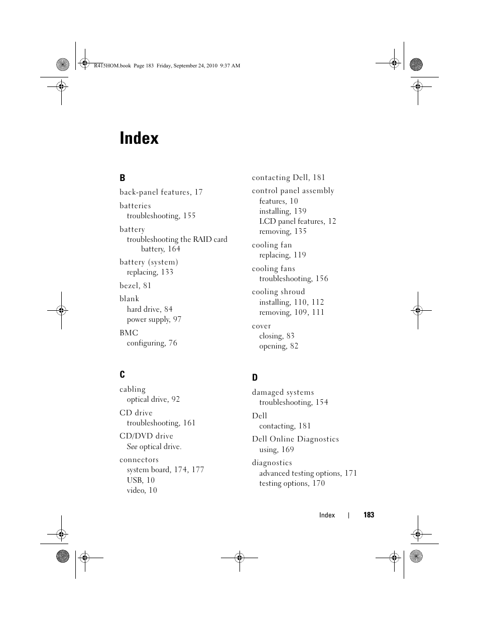 Index | Dell PowerEdge R415 User Manual | Page 183 / 188