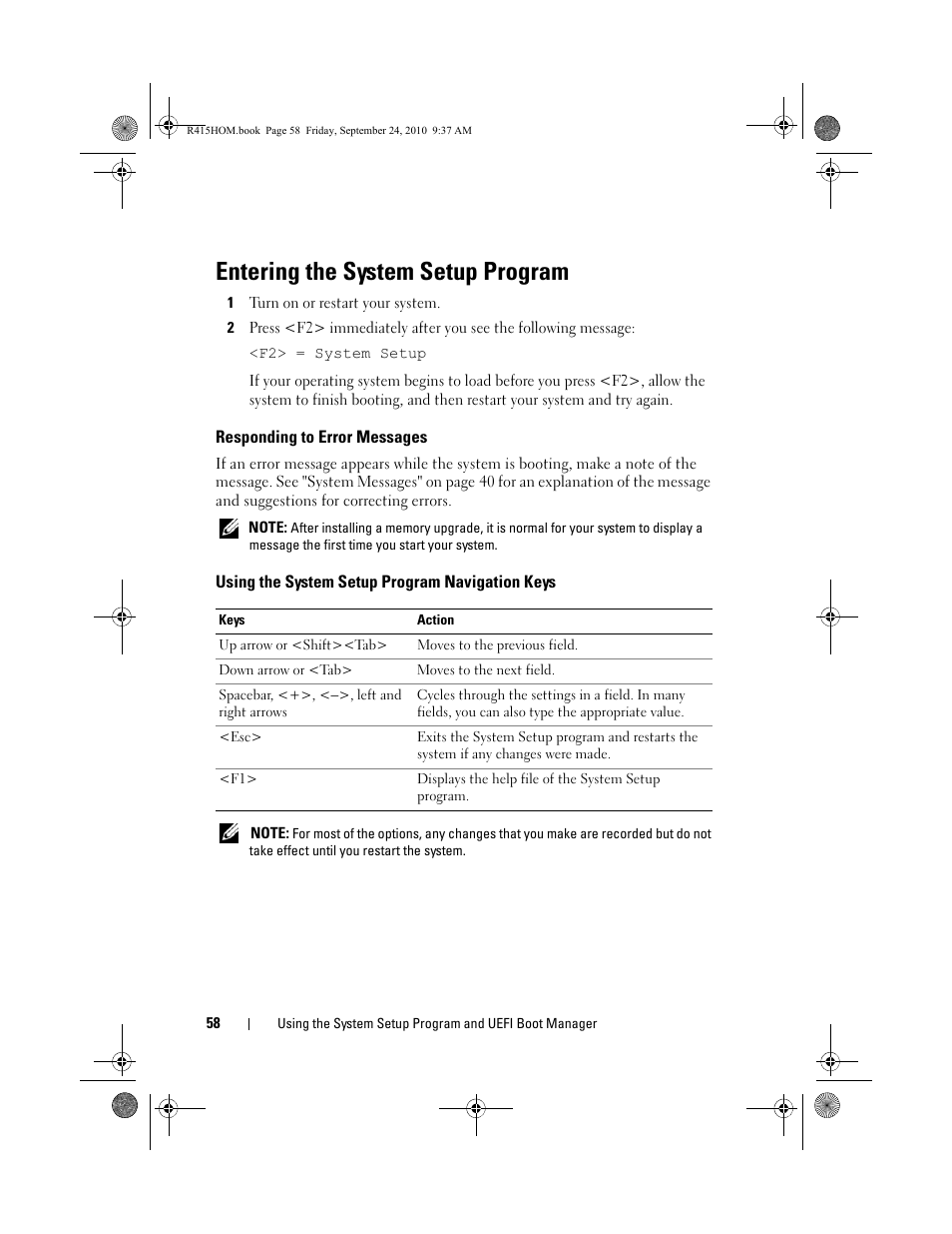 Entering the system setup program, Responding to error messages, Using the system setup program navigation keys | Entering the system setup | Dell PowerEdge R415 User Manual | Page 58 / 188