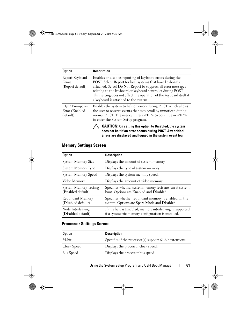 Memory settings screen, Processor settings screen, Memory | Dell PowerEdge R415 User Manual | Page 61 / 188