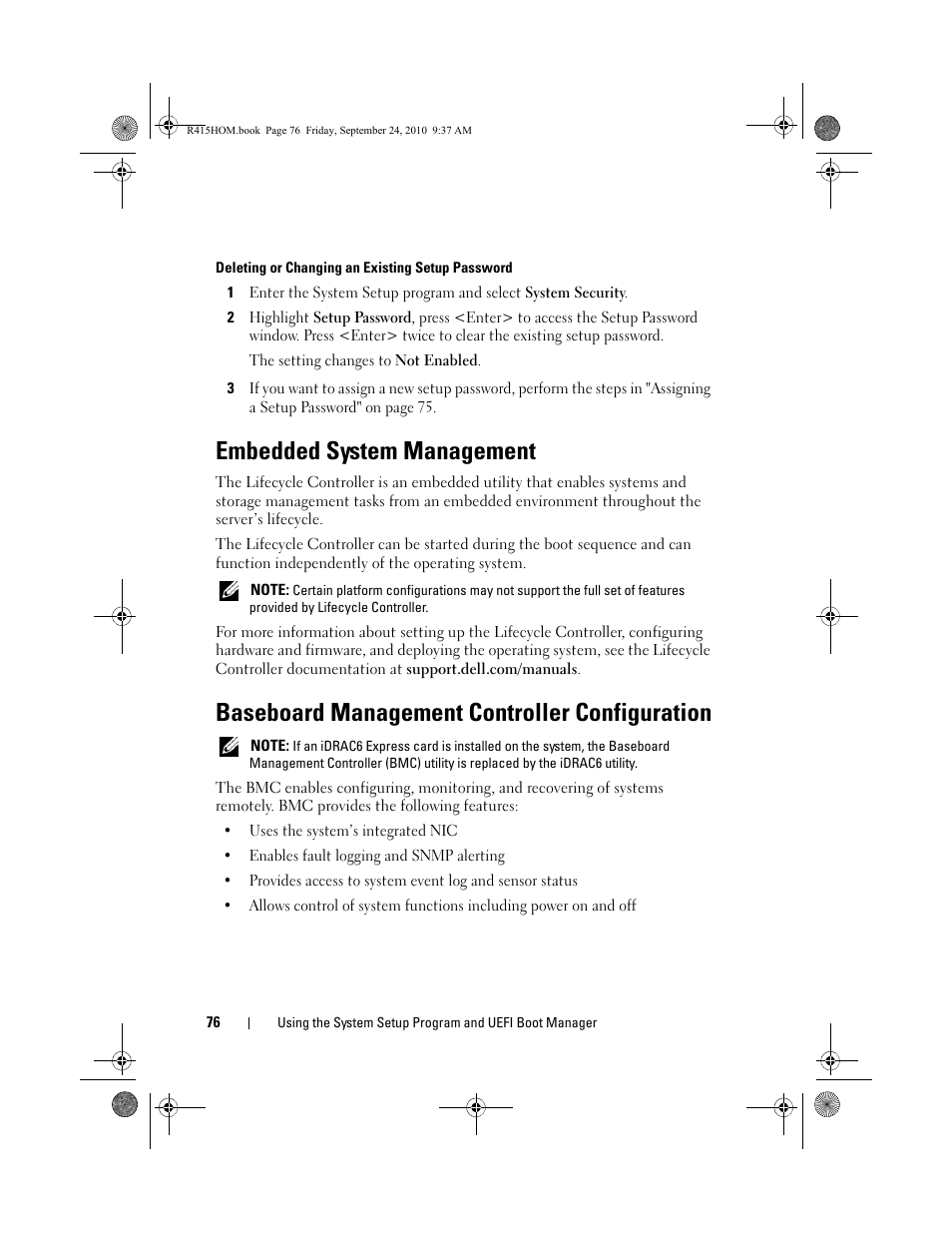 Embedded system management, Baseboard management controller configuration | Dell PowerEdge R415 User Manual | Page 76 / 188