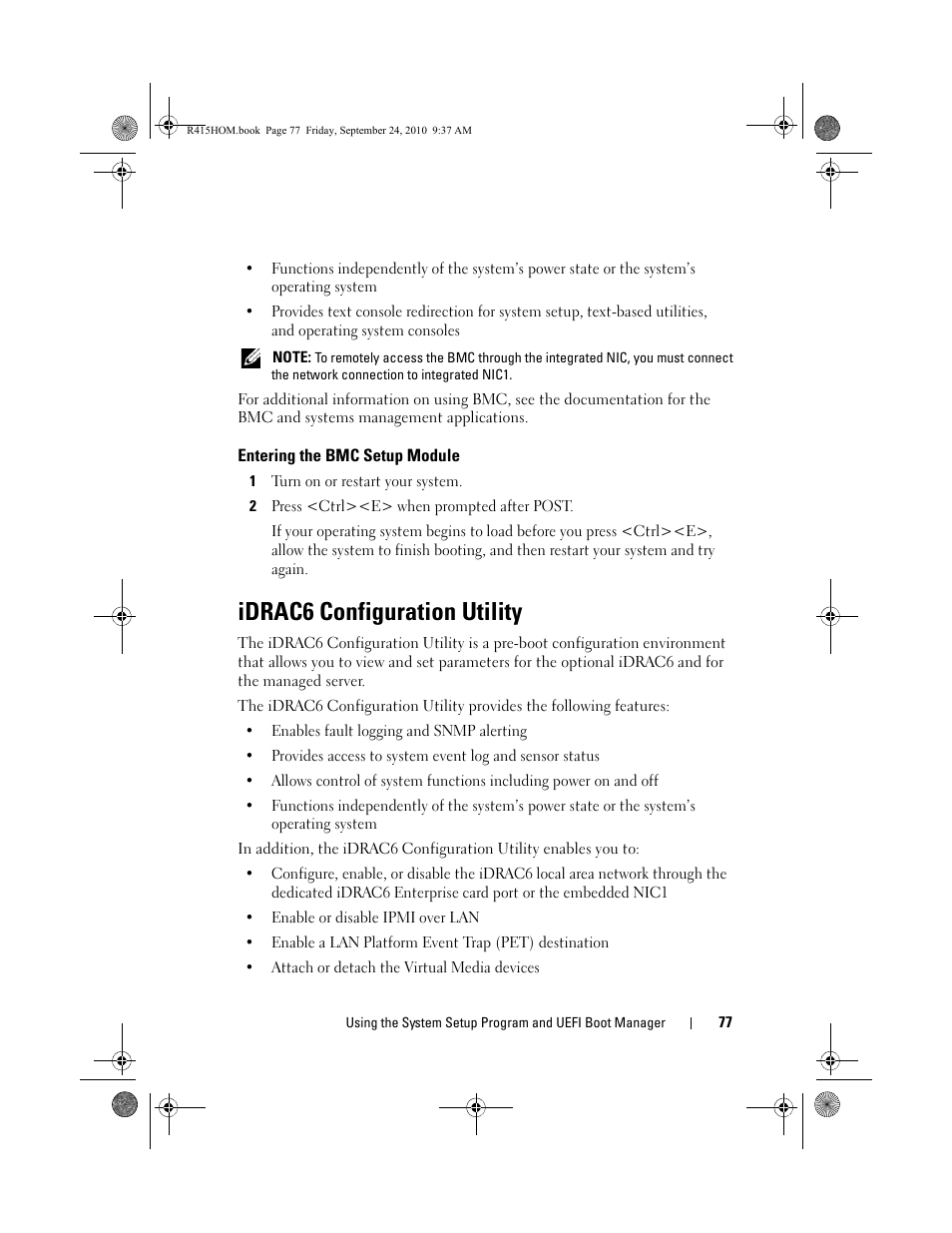 Entering the bmc setup module, Idrac6 configuration utility | Dell PowerEdge R415 User Manual | Page 77 / 188