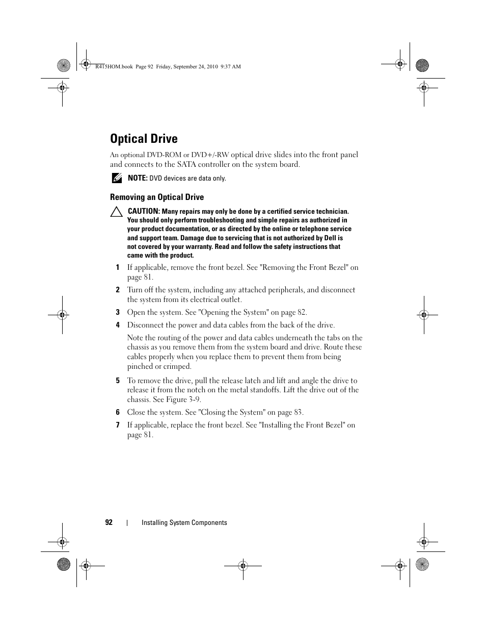 Optical drive, Removing an optical drive | Dell PowerEdge R415 User Manual | Page 92 / 188