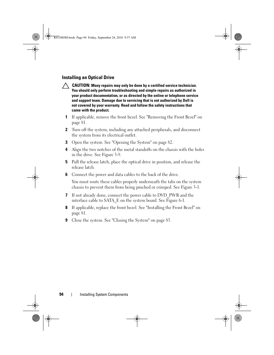 Installing an optical drive | Dell PowerEdge R415 User Manual | Page 94 / 188