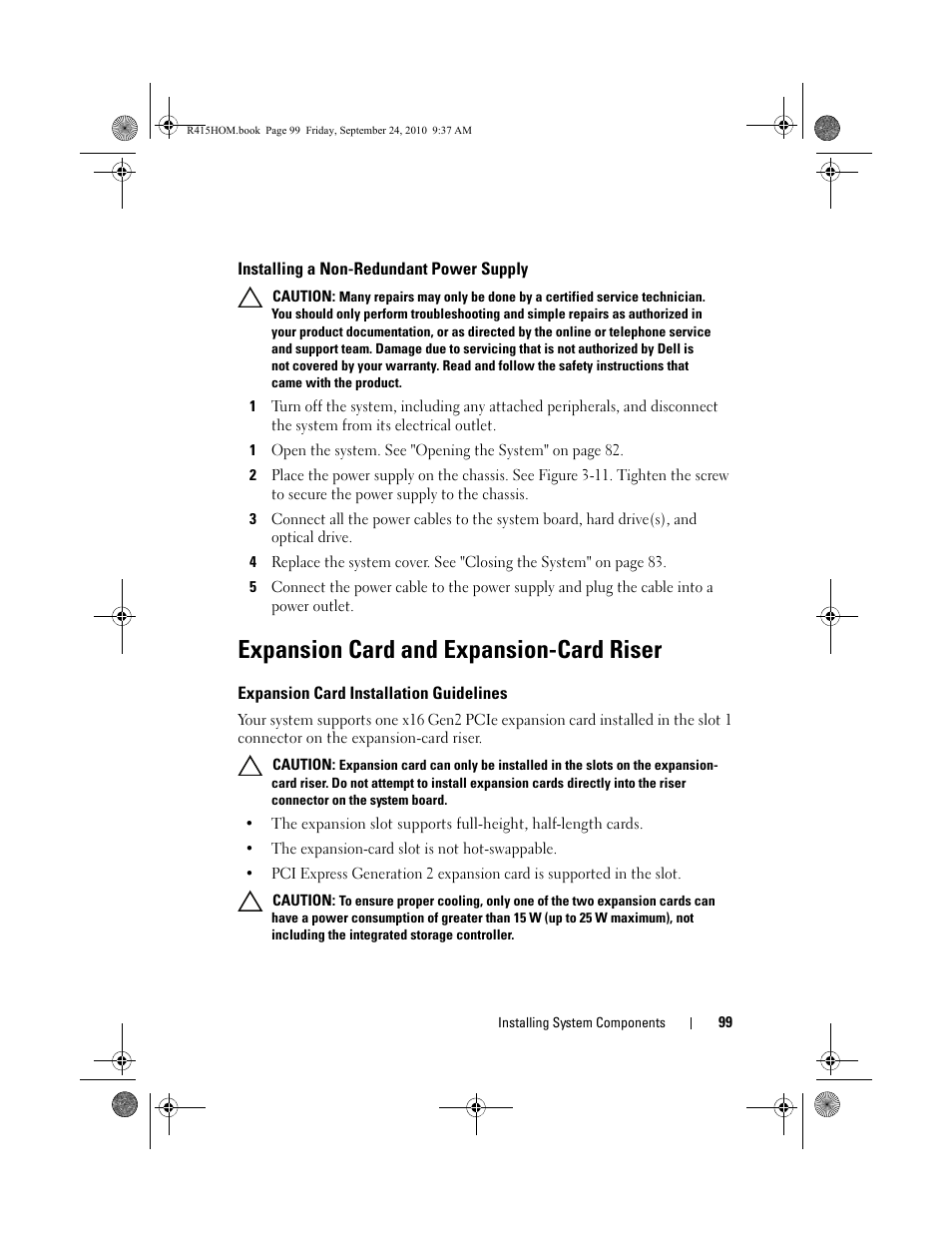 Installing a non-redundant power supply, Expansion card and expansion-card riser, Expansion card installation guidelines | Ot. see "expansion card, And expansion-card, Expansion card and, Expansion-card riser" on, Expansion, Card and expansion, See "expansion | Dell PowerEdge R415 User Manual | Page 99 / 188
