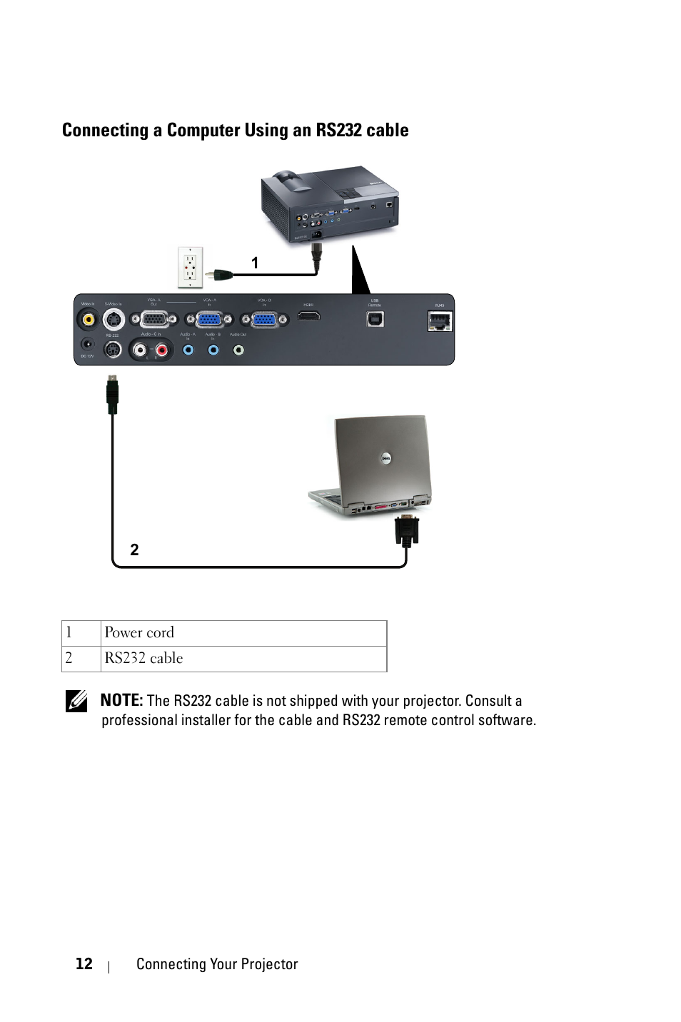 Connecting a computer using an rs232 cable | Dell 4210X Projector User Manual | Page 12 / 81