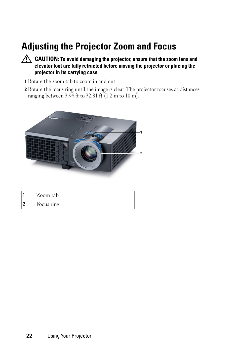 Adjusting the projector zoom and focus | Dell 4210X Projector User Manual | Page 22 / 81