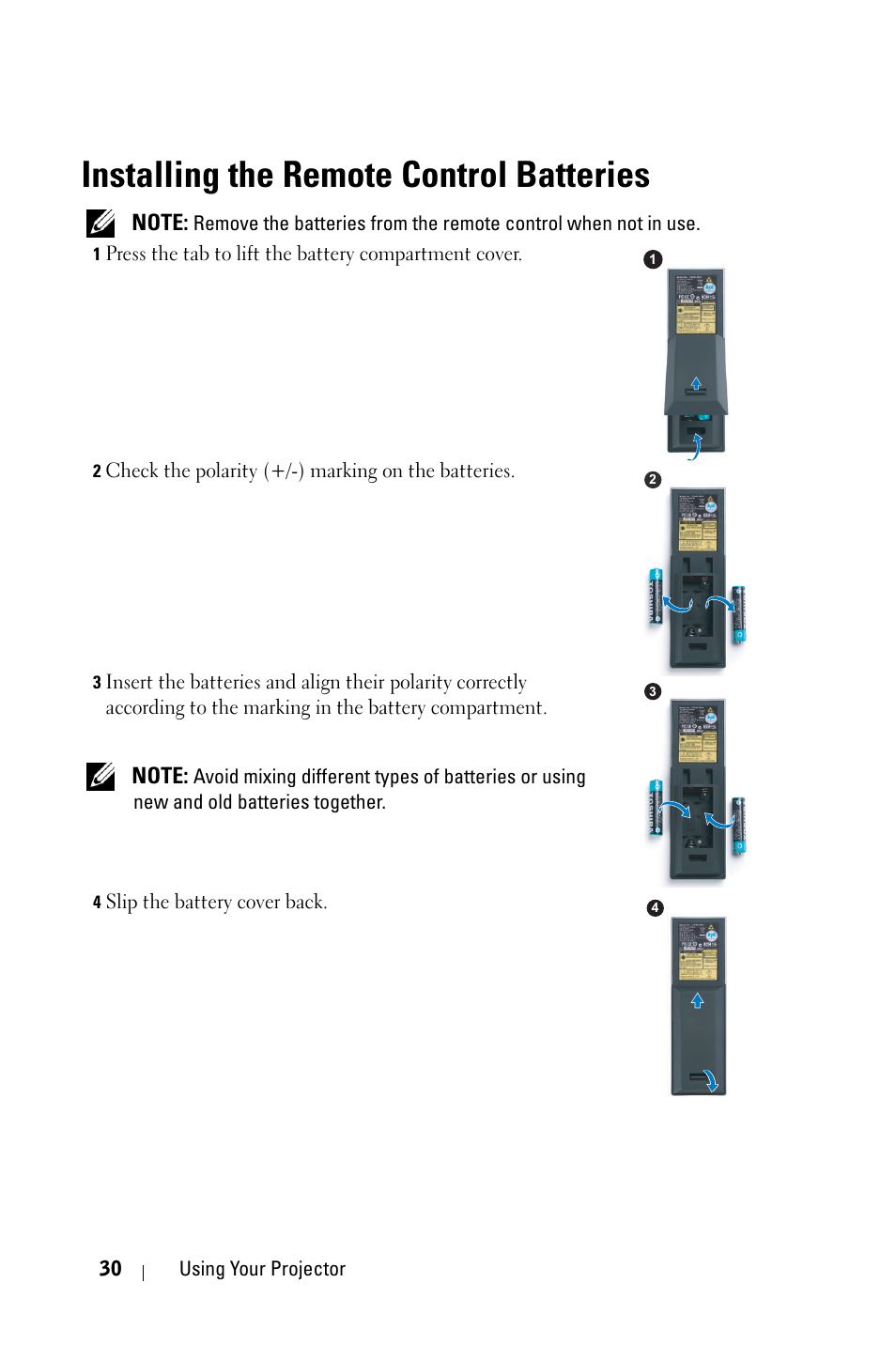 Installing the remote control batteries | Dell 4210X Projector User Manual | Page 30 / 81