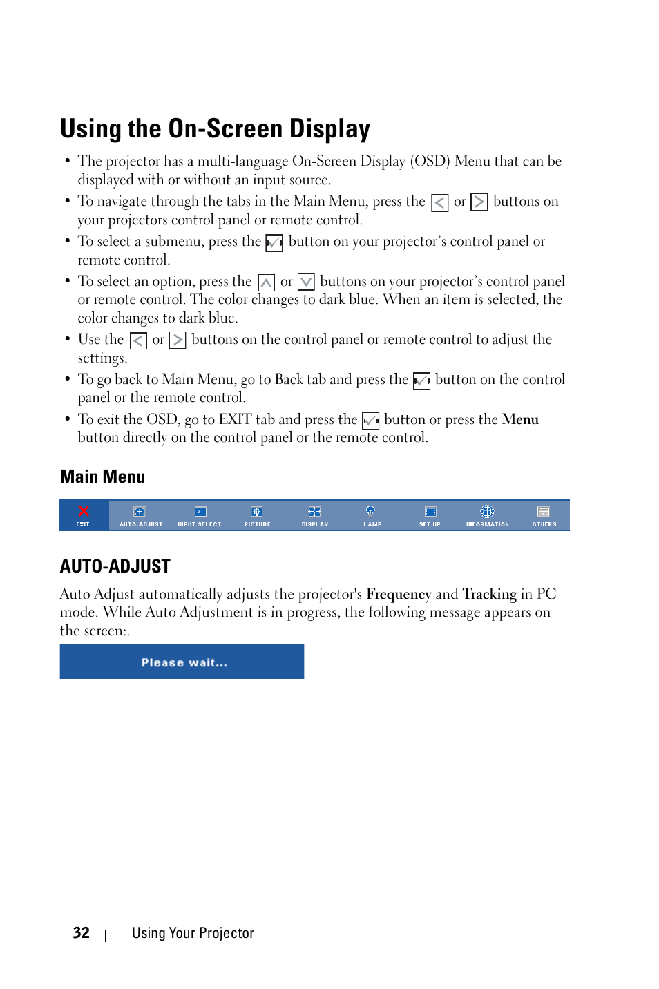 Using the on-screen display, Main menu, Auto-adjust | Main menu auto-adjust | Dell 4210X Projector User Manual | Page 32 / 81