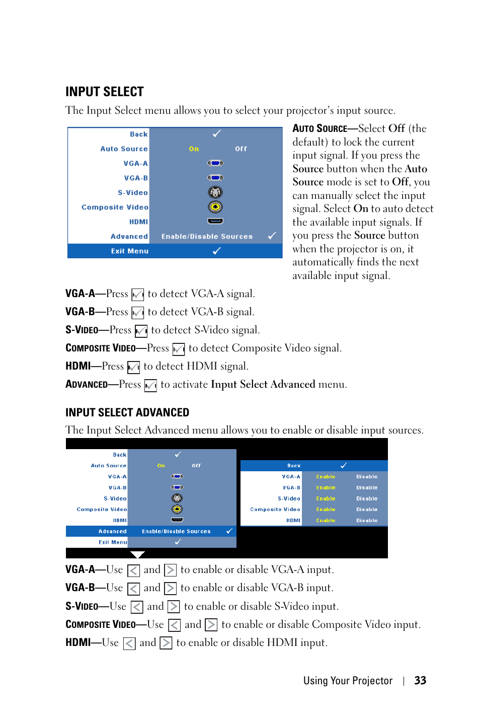 Input select, Input select advanced | Dell 4210X Projector User Manual | Page 33 / 81