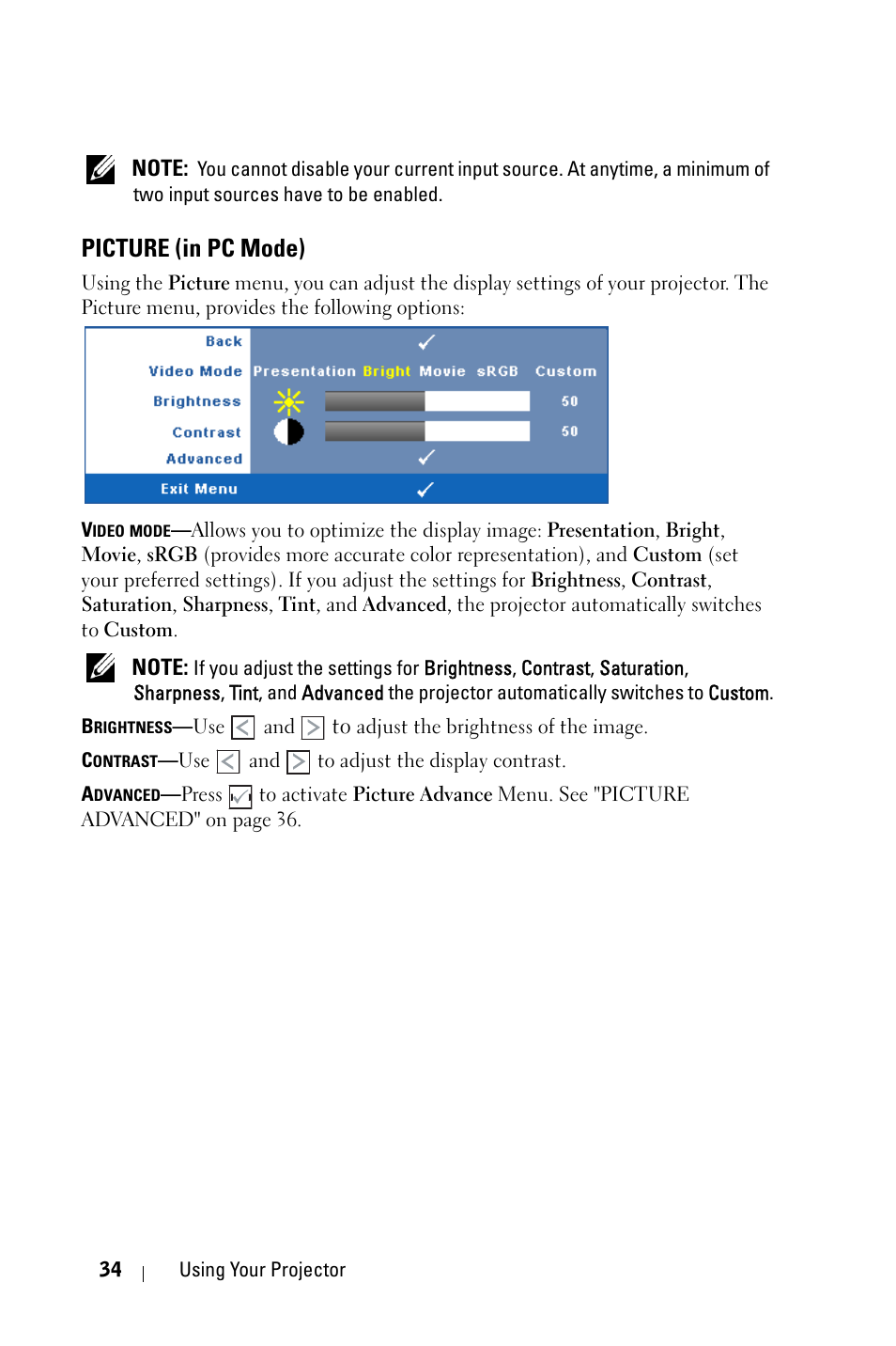 Picture (in pc mode) | Dell 4210X Projector User Manual | Page 34 / 81