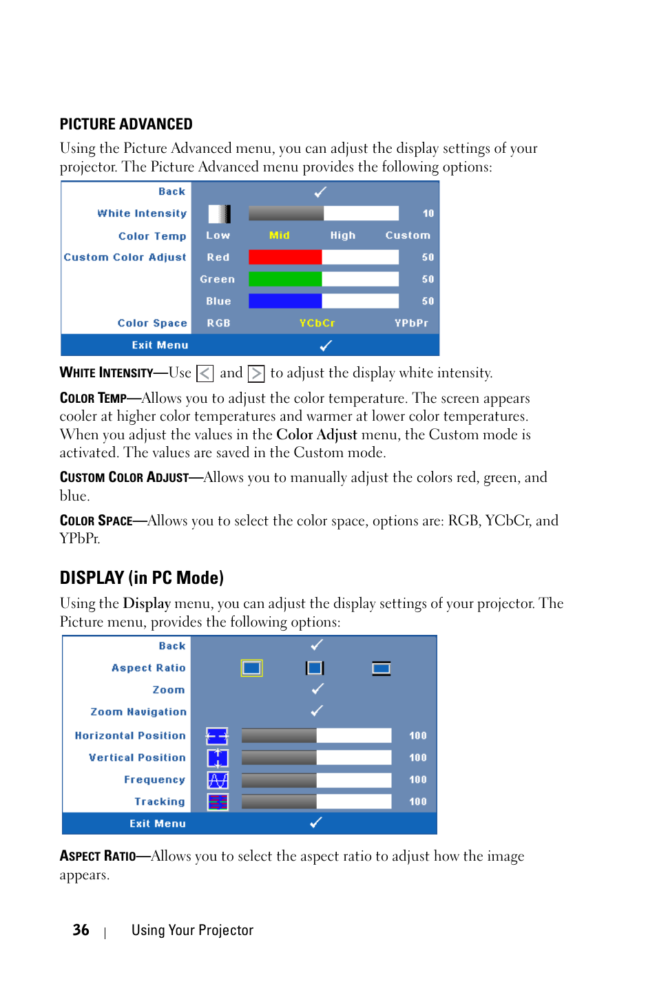 Picture advanced, Display (in pc mode) | Dell 4210X Projector User Manual | Page 36 / 81